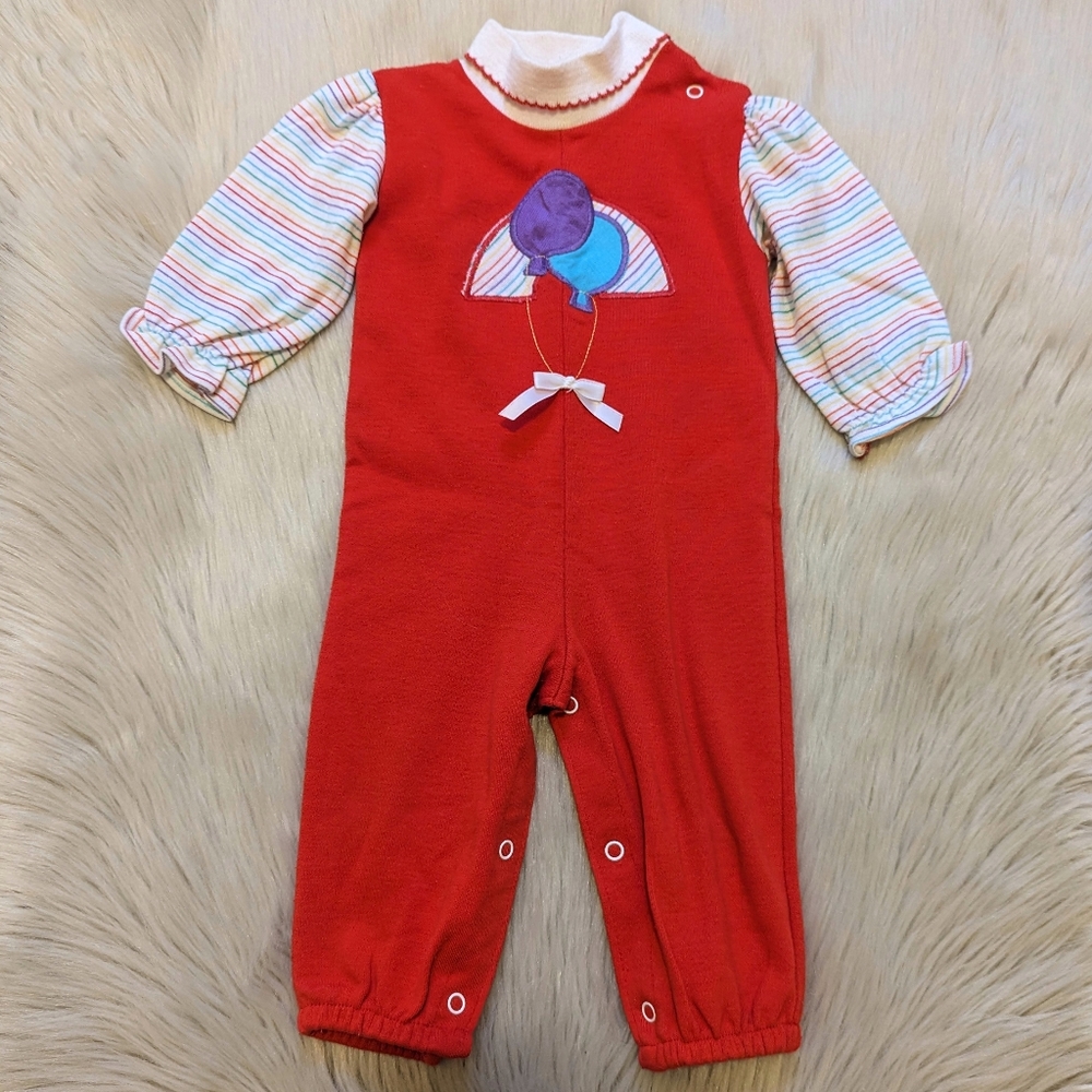 Vintage Health-Tex red one piece with rainbow sleeves and balloons size 12 M